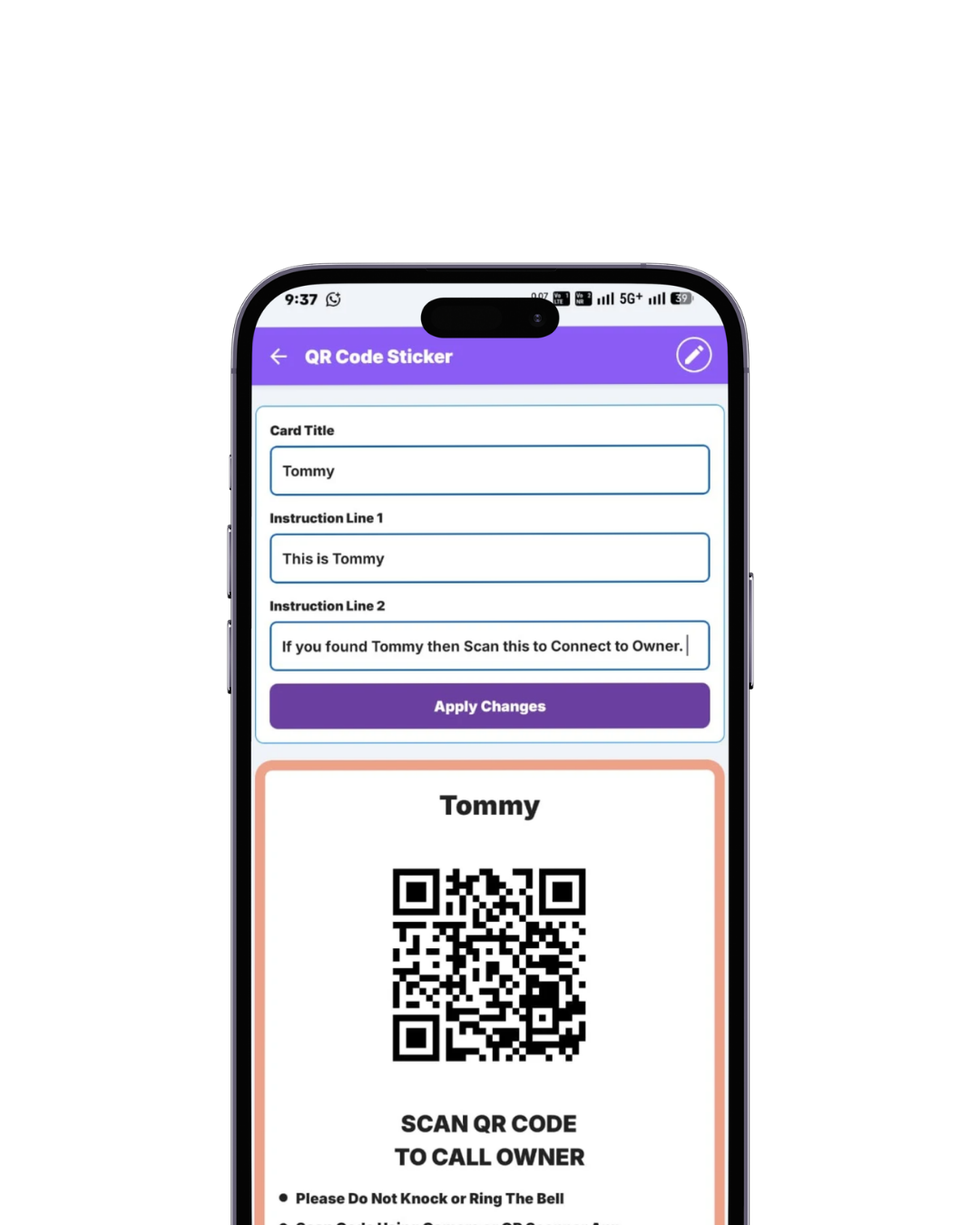 Safety QR code sticker information showing user details, emergency contacts, and identification data for quick access